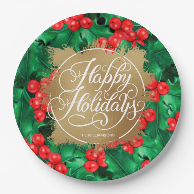 Holly Berries Gold Imitate Olivenweg Pappteller (Vorderseite)