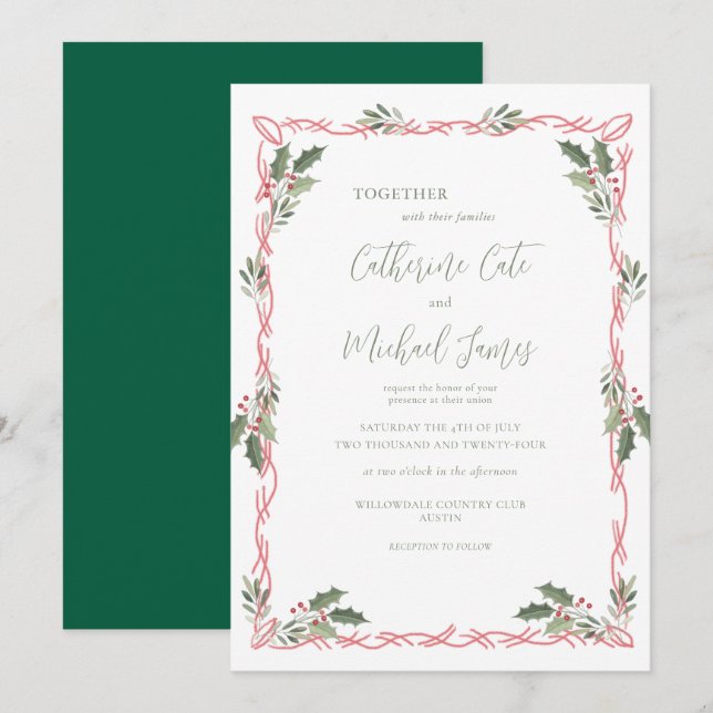 Holly Berries Green Christmas Theme Wedding Einladung (Vorne/Hinten)