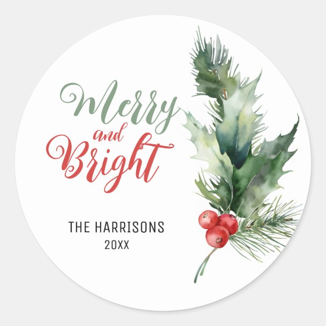 Holly Berries Greenery Merry & Bright Christmas Runder Aufkleber (Vorderseite)