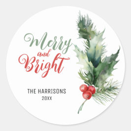 Holly Berries Greenery Merry & Bright Christmas Runder Aufkleber
