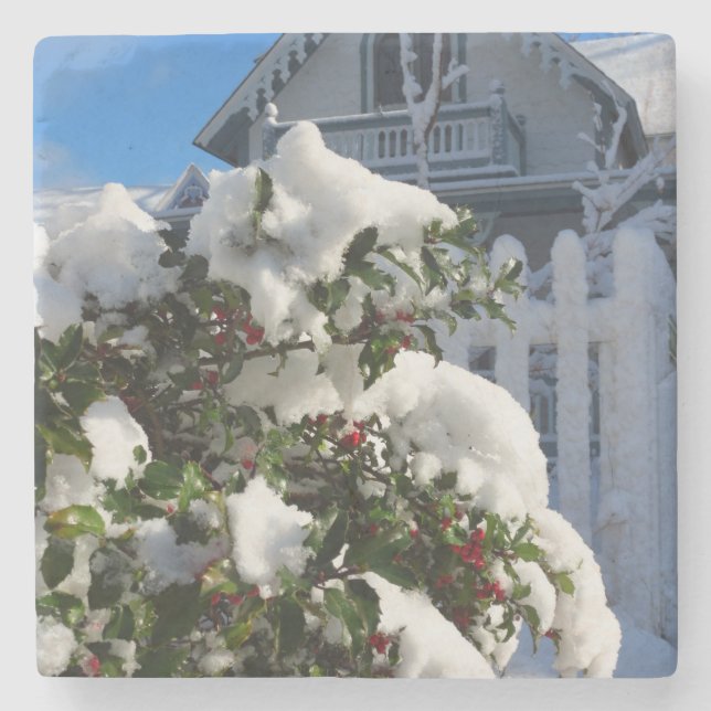 Holly Berries in Snow - Martha's Vineyard Steinuntersetzer (Vorderseite)