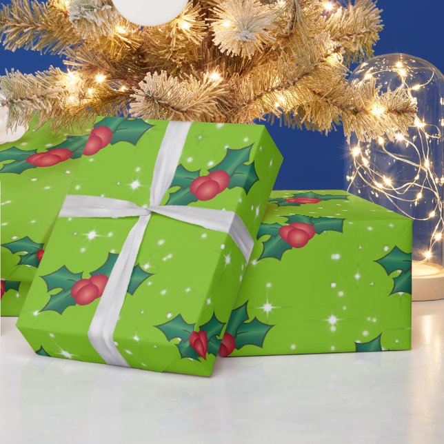 Holly Berries mit Schnee und Sternen auf Bright Gr Geschenkpapier (Feiertage)