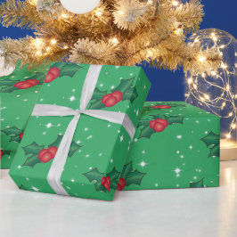 Holly Berries mit Schnee und Sternen auf Sea Green Geschenkpapier