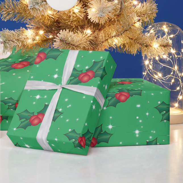 Holly Berries mit Schnee und Sternen auf Sea Green Geschenkpapier (Feiertage)