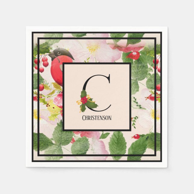 Holly Berries Monogram Letter C Familienname Paper Serviette (Vorderseite)