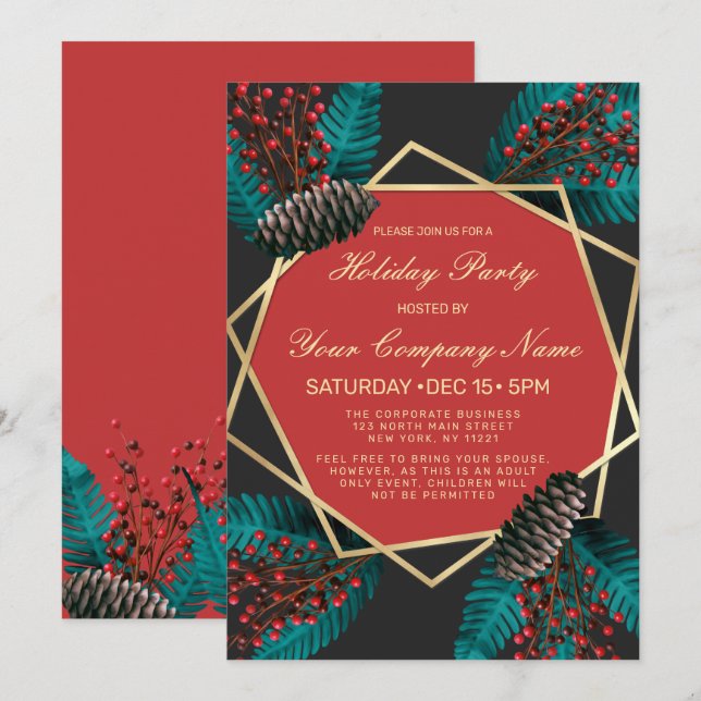 Holly Berries Pine Cone Bouquet Corporate Holiday Einladung (Vorne/Hinten)