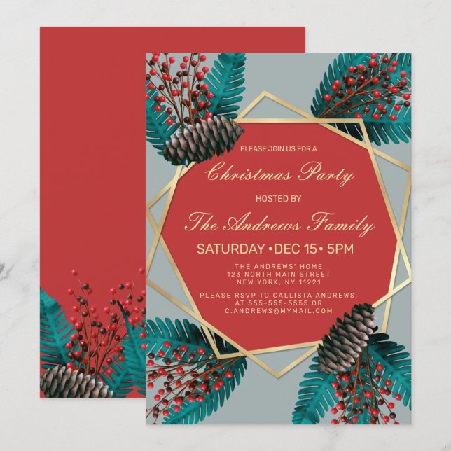 Holly Berries Pine Cone Bouquet Gold Geo Weihnacht Einladung (Vorne/Hinten)