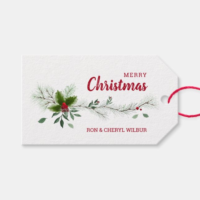 Holly Berries Pine Frohe Weihnachten Geschenkanhänger (Vorderseite (Horizontal))