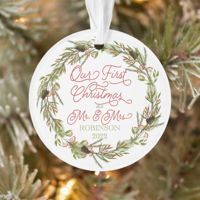 Holly Berries Pine Unser erstes Weihnachtsfest Fot Ornament (Baum)