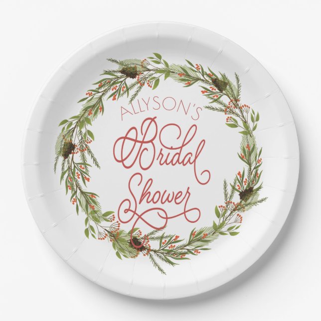 Holly Berries Pine Wreath Holiday Brautparty Pappteller (Vorderseite)