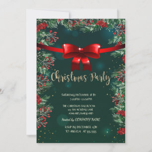 Holly Berries Red Bow Green Company Weihnachten Einladung