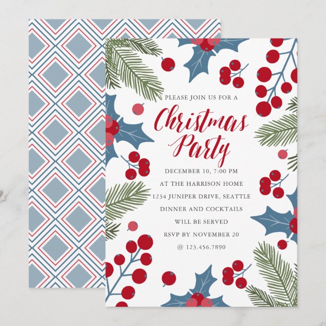 Holly Berries und Ferns Weihnachts-Party Einladung (Vorne/Hinten)
