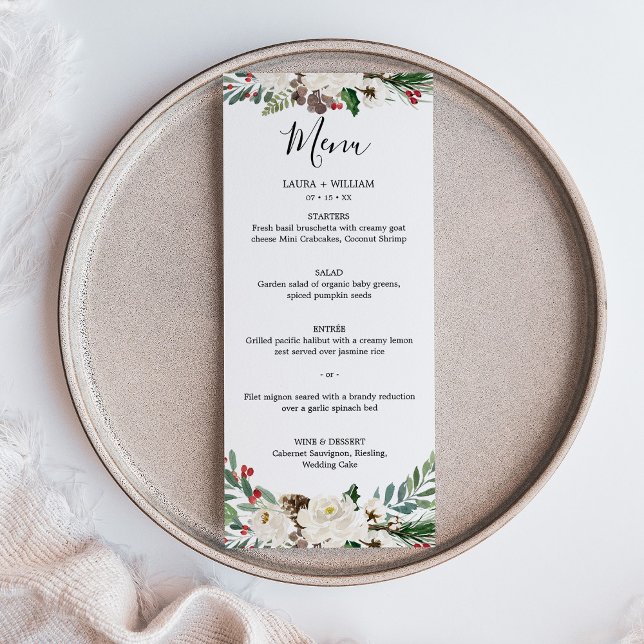 Holly Berries und Floral Wedding Christmas Dinner Menükarte (Holly Berries and Floral Wedding Christmas Dinner Menu)