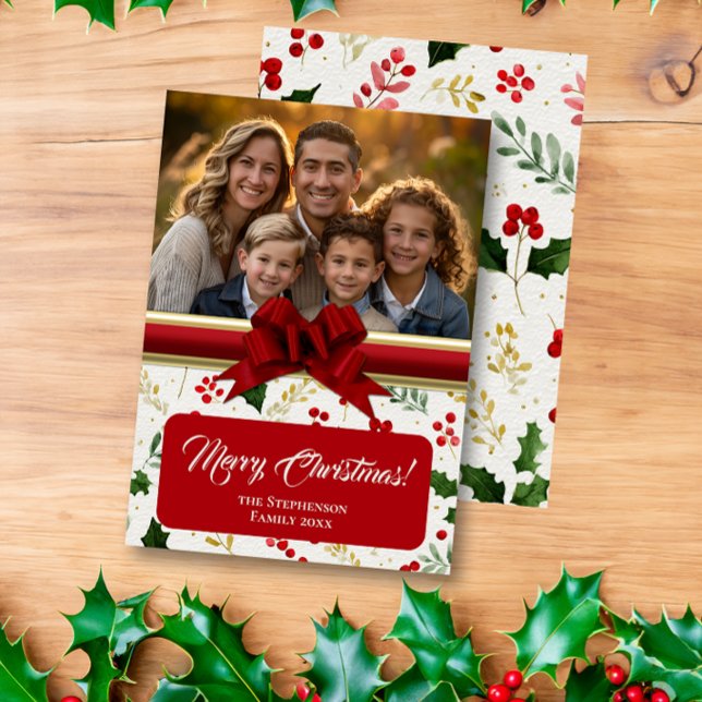 Holly Berries und Red Bow Custom Foto Weihnachten (holly berries and bow custom photo christmas card
)
