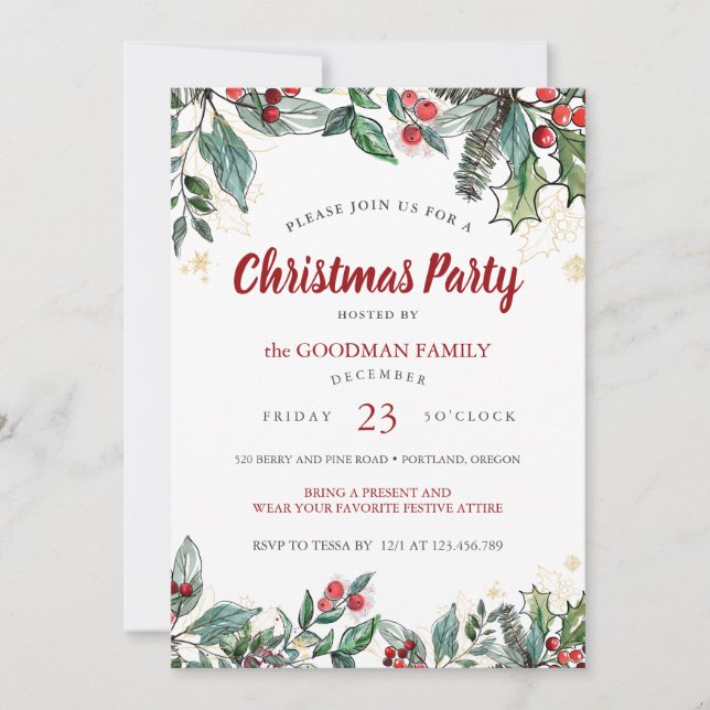 Holly Berries Watercolor Lines Christmas Party Karte (Vorderseite)