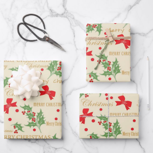 Holly Berries Weihnachtsdekoration Geschenkpapier Set (Vorderseite)