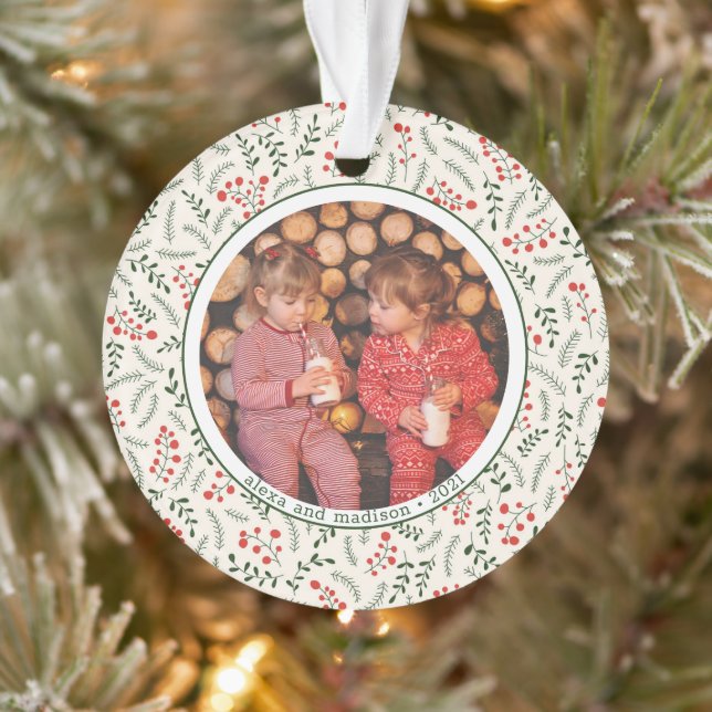 Holly Berries Winter Greenery Foto Names Keramik Ornament (Baum)