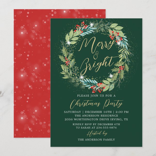 Holly Berries Wreath Green Red Christmas Party Einladung (Vorne/Hinten)