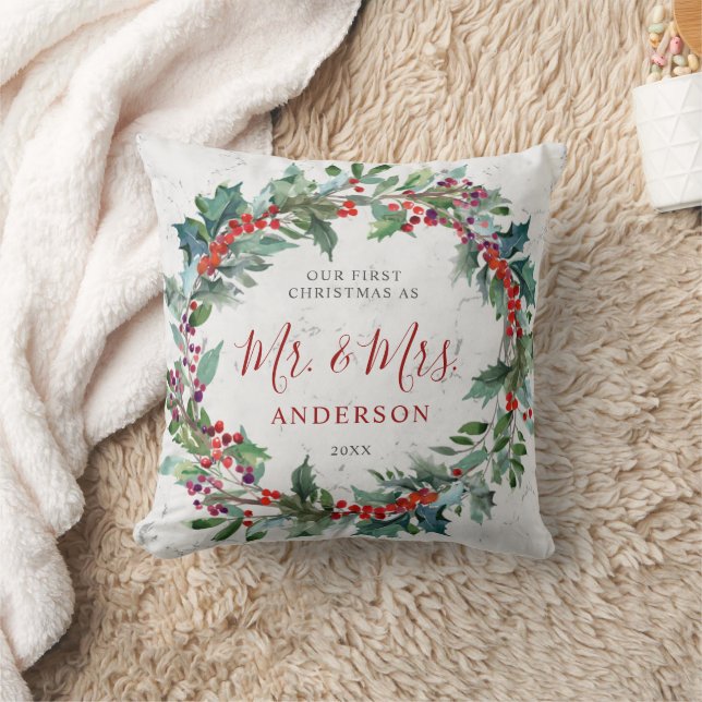 Holly Berries Wreath Marble Mr. & Mrs. Christmas Kissen (Decke)
