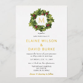 Holly Berries Wreath Monogram Winter Wedding Folieneinladung