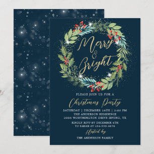 Holly Berries Wreath Winter Blue Christmas Party Einladung