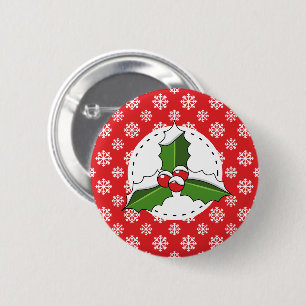 Holly Berry auf Red White Snowflakes Pattern Button