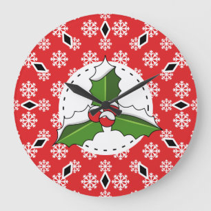 Holly Berry auf Red White Snowflakes Pattern Große Wanduhr