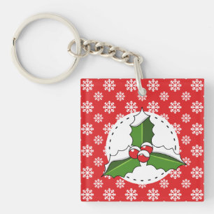 Holly Berry auf Red White Snowflakes Pattern Schlüsselanhänger