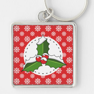 Holly Berry auf Red White Snowflakes Pattern Schlüsselanhänger