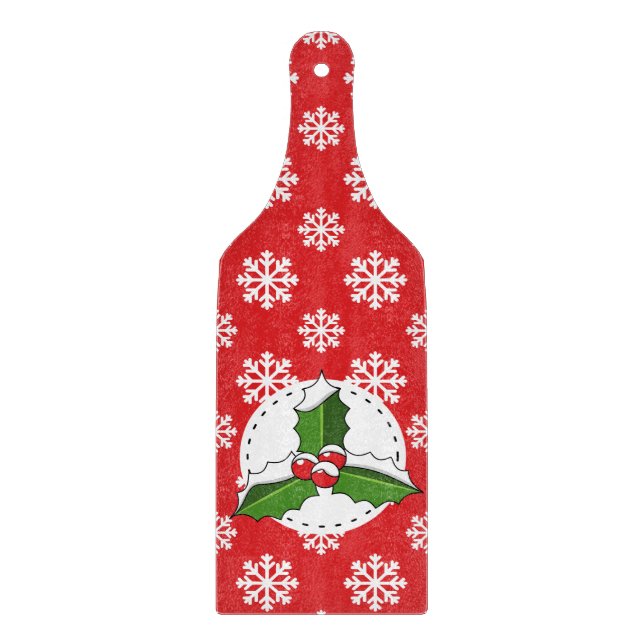 Holly Berry auf Red White Snowflakes Pattern Schneidebrett (Vorderseite)