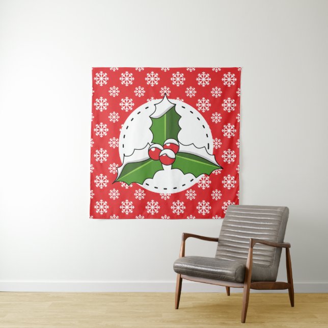 Holly Berry auf Red White Snowflakes Pattern Wandteppich (Beispiel)