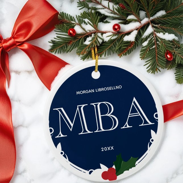 Holly Berry Blue White MBA Graduation Name Year Keramik Ornament (Get this MBA keepsake ornament for your graduate.)