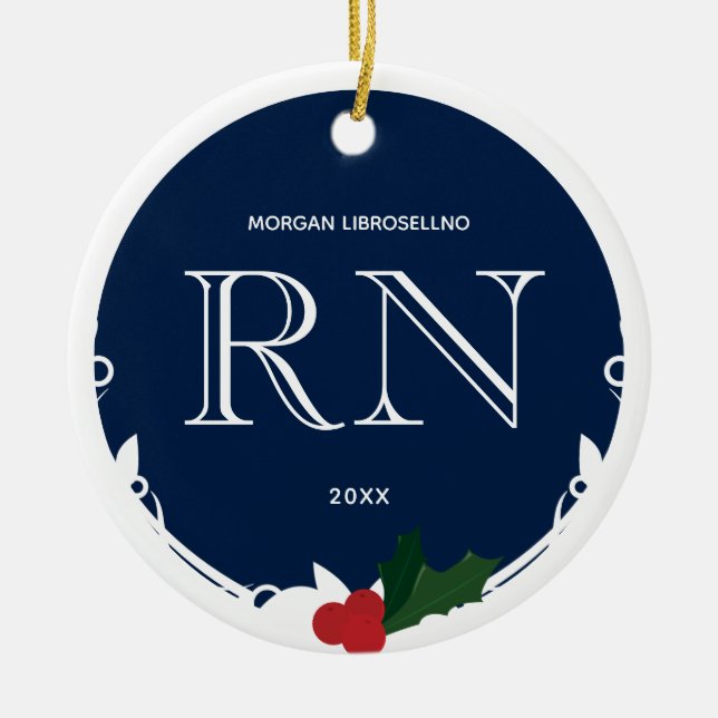 Holly Berry Blue White RN Nurse Keramik Ornament (Vorne)
