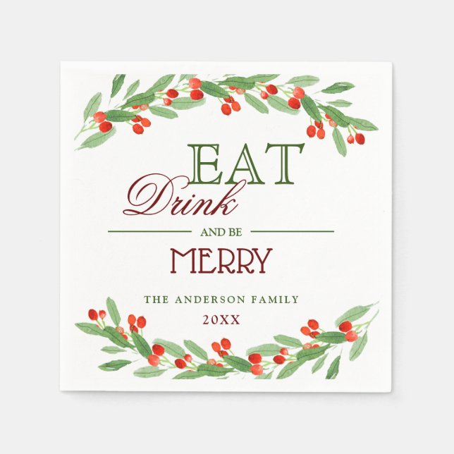 Holly Berry Branch Christmas PARTY Paper Serviette (Vorderseite)