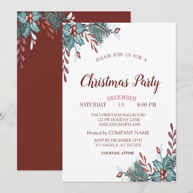 Holly Berry Branches Christmas Company Party Einladung (Vorne/Hinten)