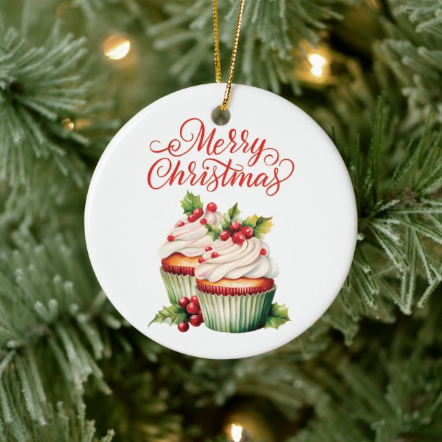 Holly Berry Christmas Cupcake Keramik Ornament (Baum)