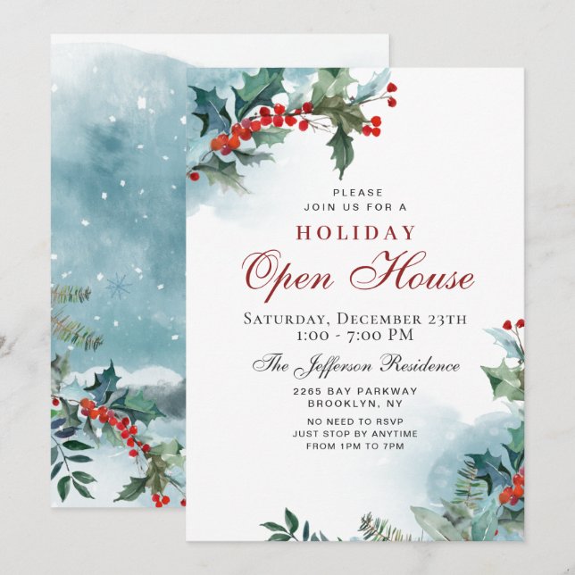 Holly Berry Christmas Mistletoe Holiday OPEN HOUSE Einladung (Vorne/Hinten)