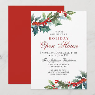 Holly Berry Christmas Mistletoe Holiday OPEN HOUSE Einladung