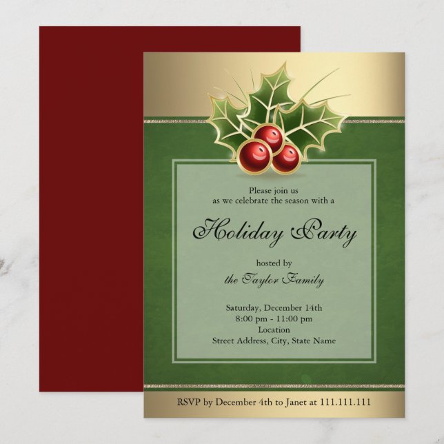 Holly Berry Christmas Party Invitation verte (Devant / Derrière)