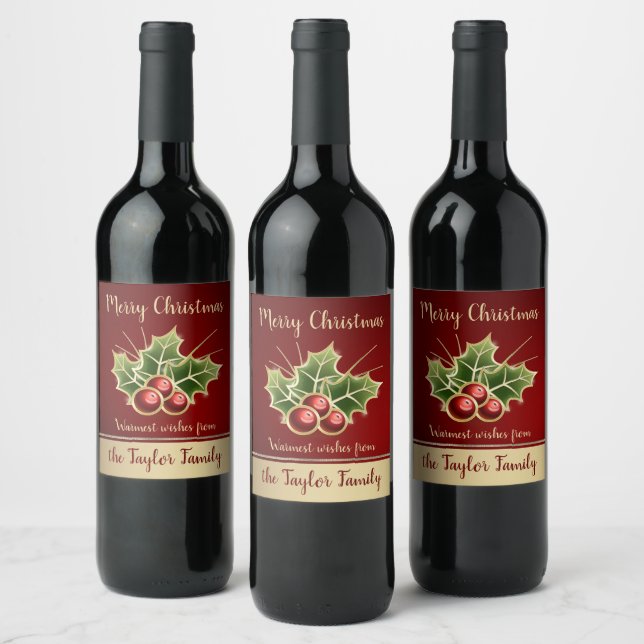 Holly Berry Christmas Personalisiert Red Weinetikett (Flaschen)