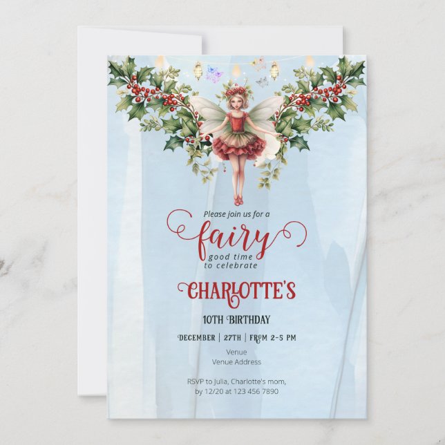 Holly Berry December Birth Blume Fairy Birthday Einladung (Vorderseite)