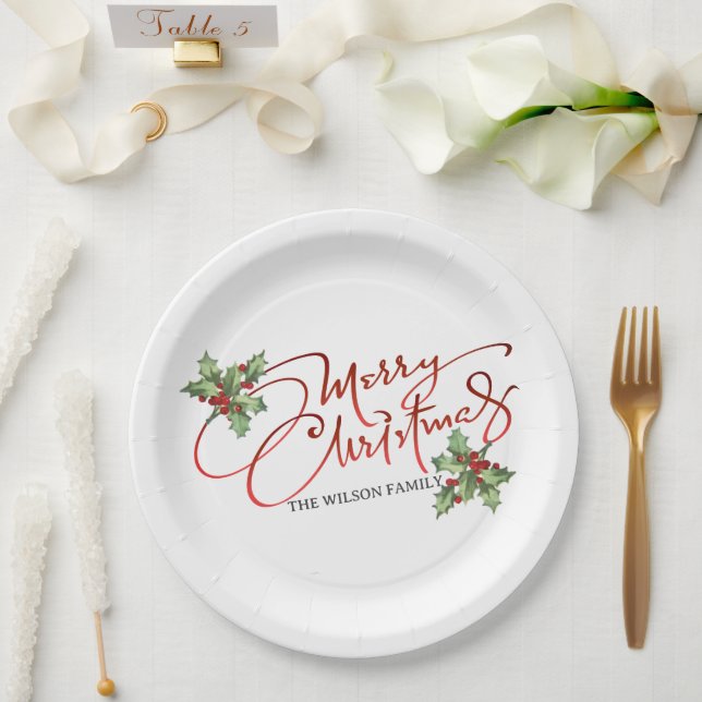 Holly Berry Gradient Red Script Frohe Weihnachten Pappteller (Hochzeit)