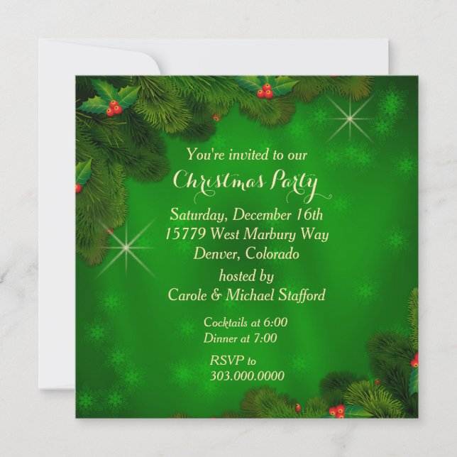 Holly Berry Green Christmas Party Invitation (Devant)