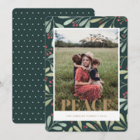 Holly Berry Green Gold Peace Christmas Foto Card