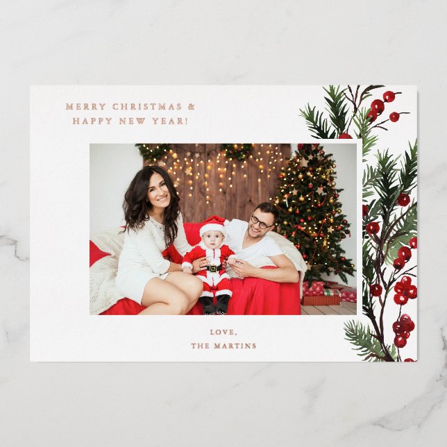 Holly Berry H Foto Holiday oder Weihnachten Folieneinladung (Vorderseite)