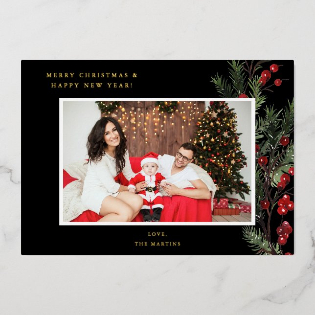 Holly Berry H Foto Urlaub oder Weihnachten - Schwa Folieneinladung (Vorderseite)