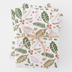 Holly Berry Hand Drawn farbenfrohe Urlaubsmuster Geschenkpapier Set