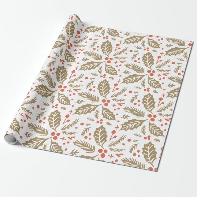 Holly Berry Hand Drawn Illustration Muster Golden Geschenkpapier (Ungerollt)