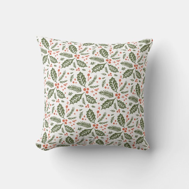 Holly Berry Hand Drawn Illustration Muster Green Kissen (Vorderseite)