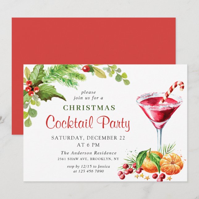 Holly Berry Holiday Weihnachtscocktail Party Einladung (Vorne/Hinten)